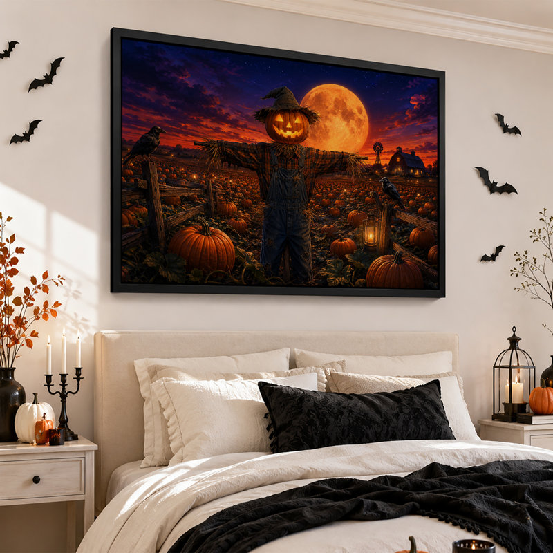 Épouvantail à tête de citrouille dans un champ de citrouilles - Toile murale d'Halloween, H 20 po x l 30 po