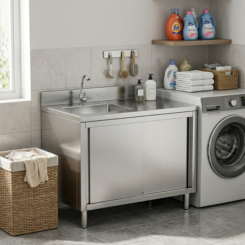 Évier utilitaire autoportant de 47 po en acier inoxydable, bol simple avec robinet et tablette de rangement, pieds réglables pour la cuisine, la salle de lavage, la salle de bain, le bar, la ferme