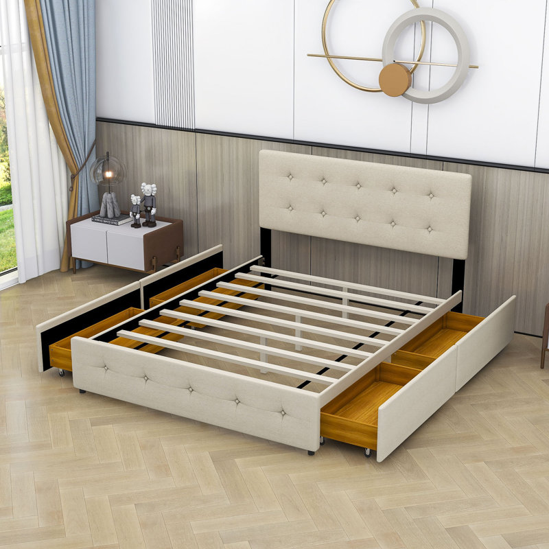 Upholstered Platform Storage Bed, Beige