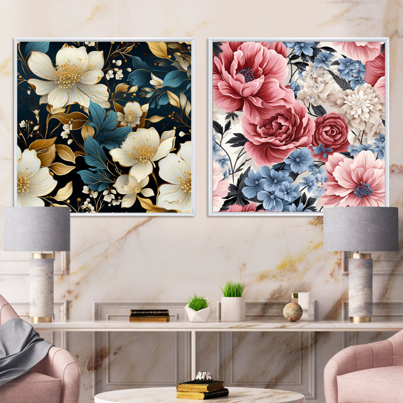 Ensemble de 2 luxueux motifs floraux dorés et roses à motif floral carré, Cadre flottant blanc, H 16 po x l 33 po