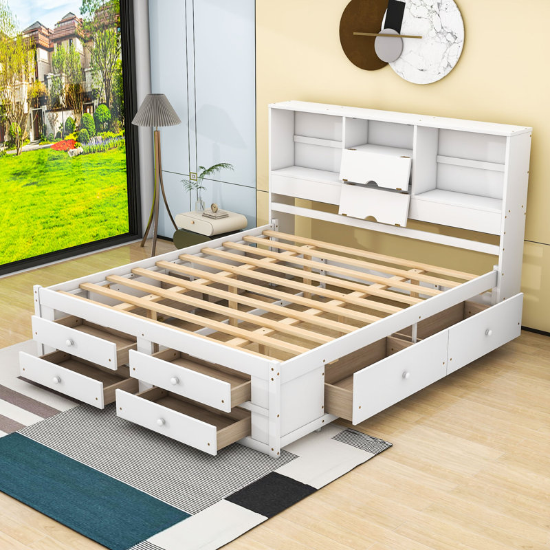 Très grand lit plateforme avec tablettes, tête de lit et 8 tiroirs, Blanc