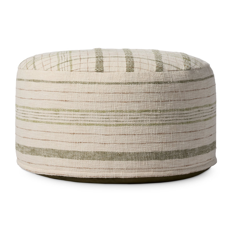 Cream and Green Cotton Polyester Round Pouf