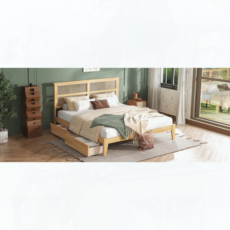 Très grand lit en bois d'hévéa avec tête de lit en rotin et deux tiroirs de rangement, White Oak