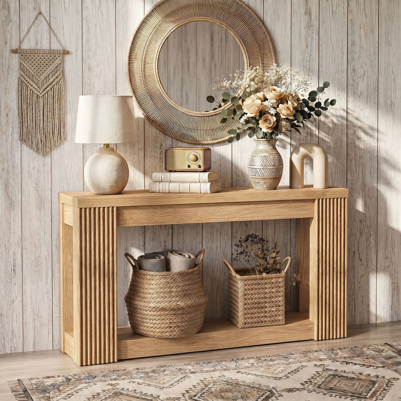 Console cannelée en bois avec 2 rangements, table d'entrée rectangulaire de 71 pouces derrière le canapé, Naturel