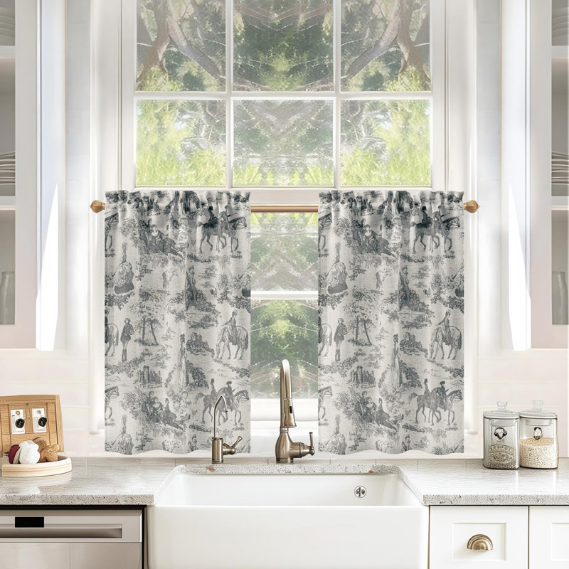 Kitchen Curtains Toile Tier Linen Short Curtains Cafe for Living Room Bathroom Farmhouse French Country Vintage Printed Pattern Rod Pocket 2 Panels