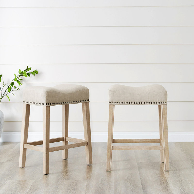 Set Of 2 Upholstered Backless Counter Stools, Contemporary Saddle Design Chairs, Tan