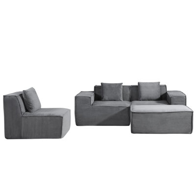86'' L Shaped Couch With Armrest Organizer,3 Seats Sofas With Movable Ottoman,Comfy Sectional Sofa With Thick Cushion,Linen Sectional Couches For Living Room,Bedroom,Apartment,Dark Gray