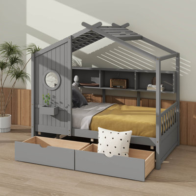 Lit de style maison en bois avec 2 tiroirs et tablette de rangement