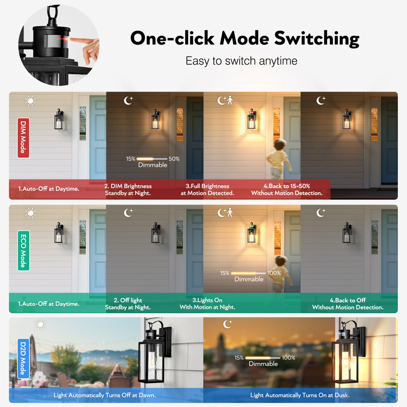 14" Upgrades 4 Modes Outdoor Wall Lantern with Motion Sensor Dusk to Dawn, 2