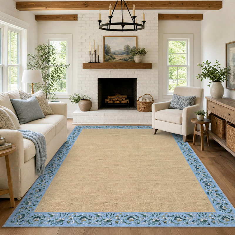 Tapis traditionnel à bordure avec envers antidérapant, Bleu, 9 x 12 pi