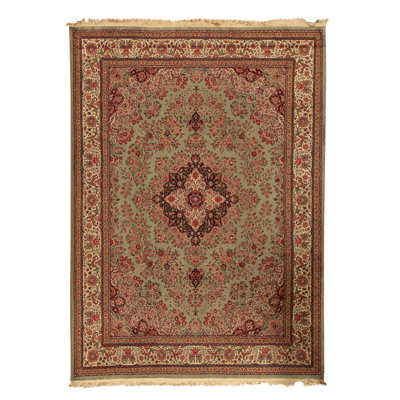 Tapis vert clair et bleu marine noué à la main de haute qualité