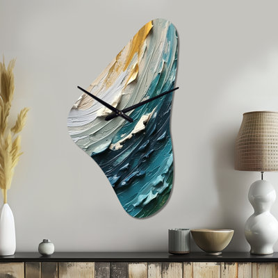 Teal Cream Surreal Spirals II - Abstract Spirals Asymmetrical Metal Clock, Modern Freeform Wall Clock Print