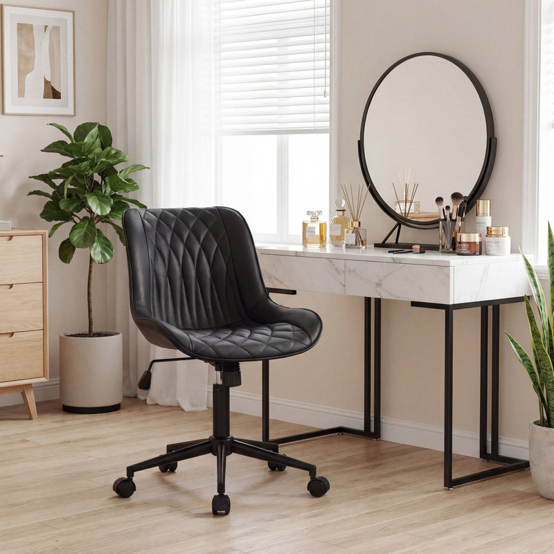 Armless Swivel Office Chair Faux Leather Upholstered Waterproof Desk Chair Ergonomic Adjustable Computer Chair, Black