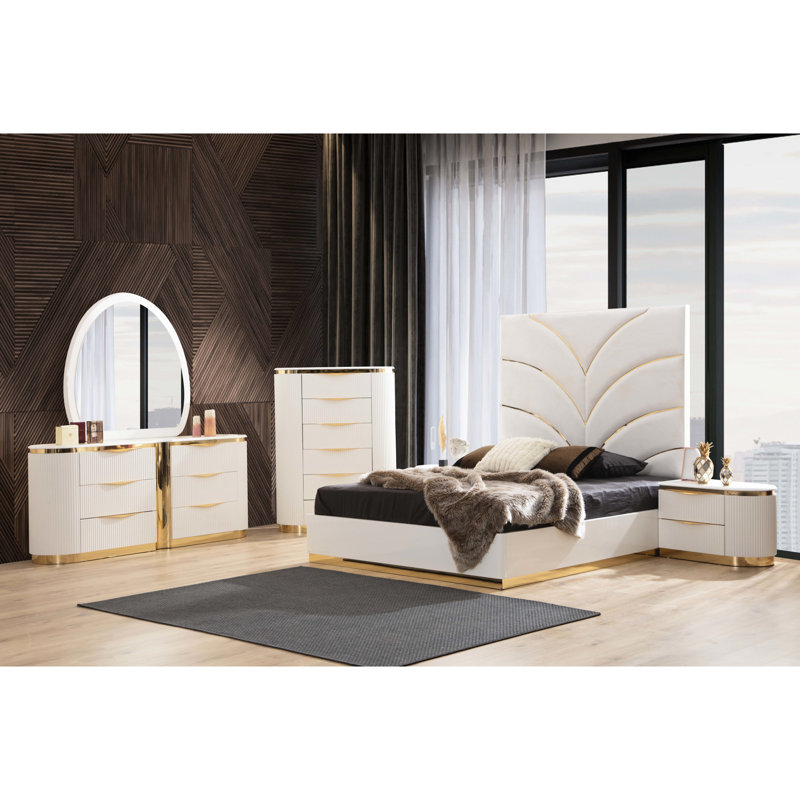 Table de chevet spacieuse 2 en blanc et or pour une chambre à coucher moderne et moderne avec un attrait de finition