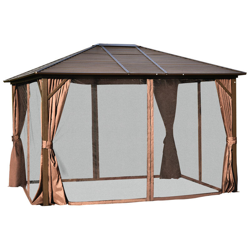 Outsunny 12' x 10' Brown Aluminum Hardtop Gazebo with Curtains