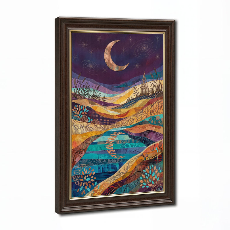 Toile étoilée, paysage avec croissant de lune et montagnes à motifs, H 24 po x l 16 po