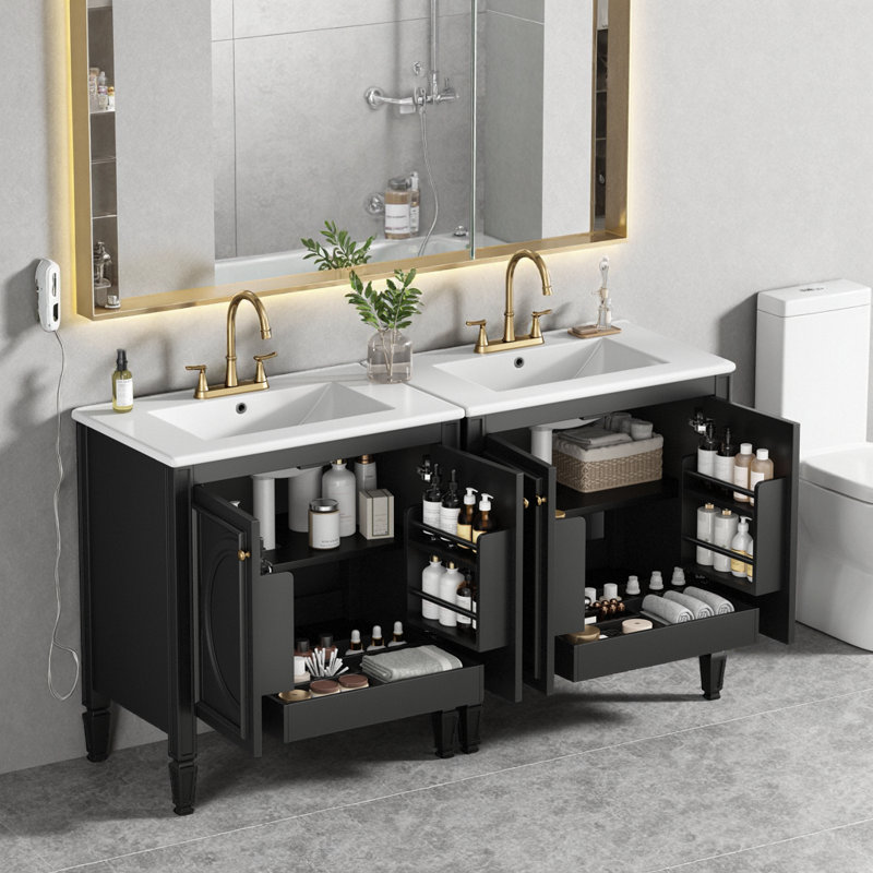 Ensemble de meuble-lavabo 60 po noir avec lavabo double en céramique, portes à fermeture douce et rangement pour tiroir 60 po