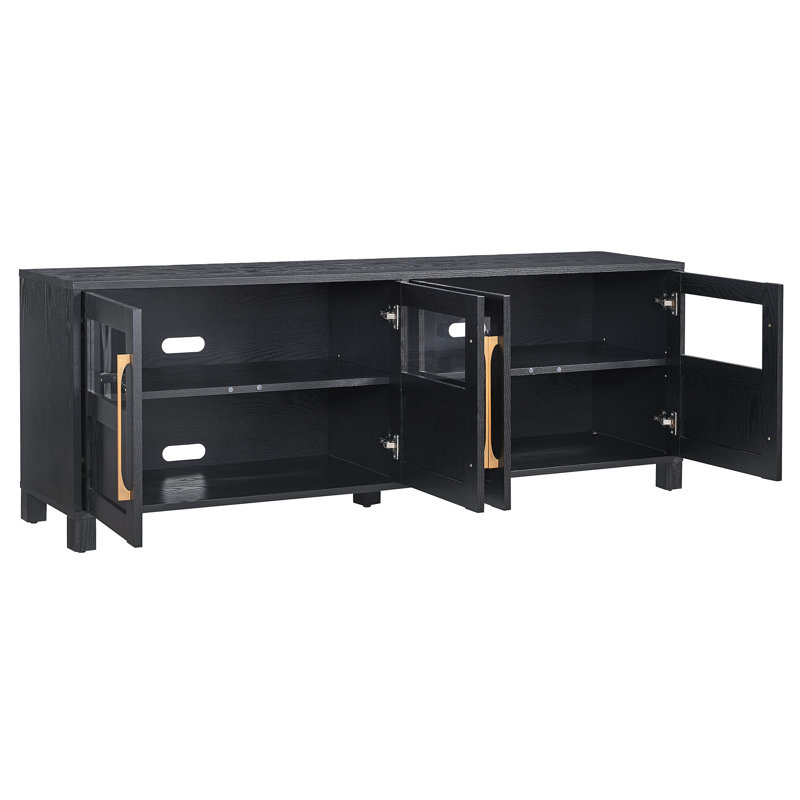 Holbrook TV Stand for TVs up to 75" in Black Grain with Glass Doors, Storage & Cable Management — Contemporary Media Console with Brass Hardware for Living Room 