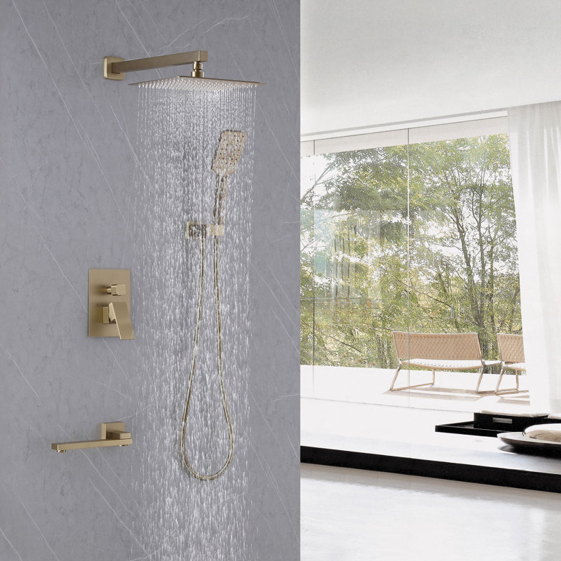 Modern 10" Rectangle Wall Mounted Pressure Balance Rainfall Shower System With Swivel Tub Spout And Handheld Shower