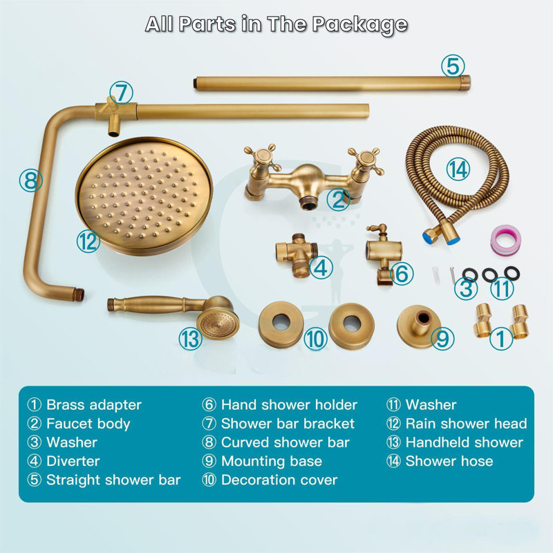 8-Inch Wall-Mounted Rainfall Shower Fixture Set with Handheld Spray, Brass Mixer, and Cross Handles – 2-Function Bathroom Shower System