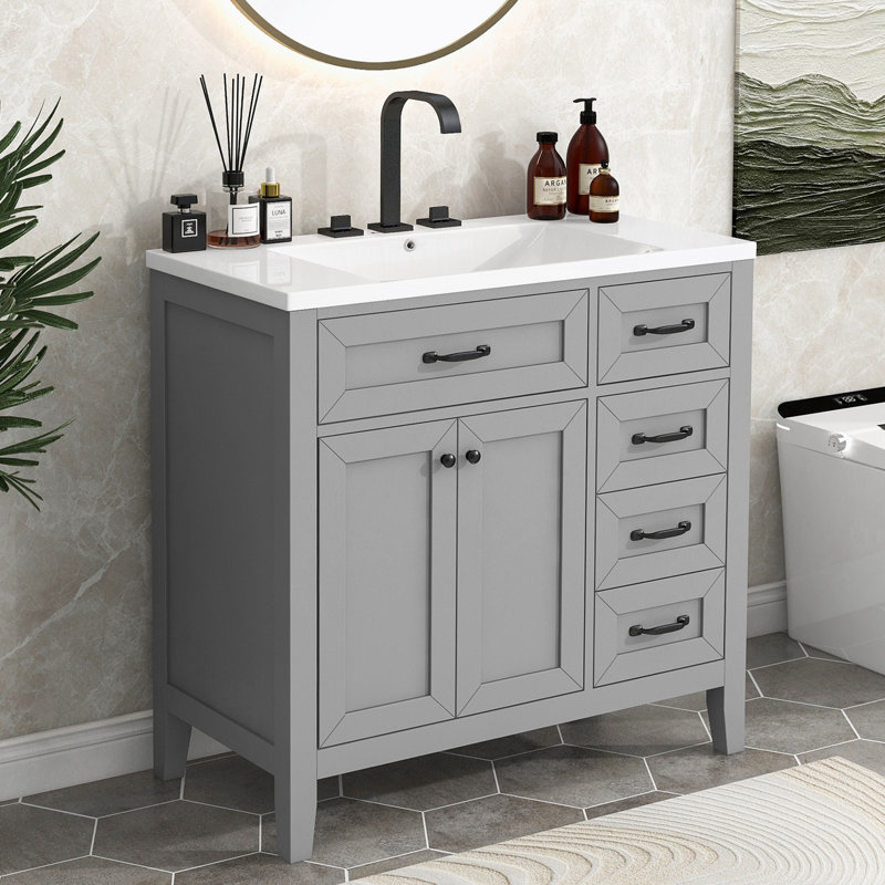 Raquez 35.98 " W Free Standing Wall Mounted Single Double Single Vanity Bathroom Vanity With Ceramic Top, Gray