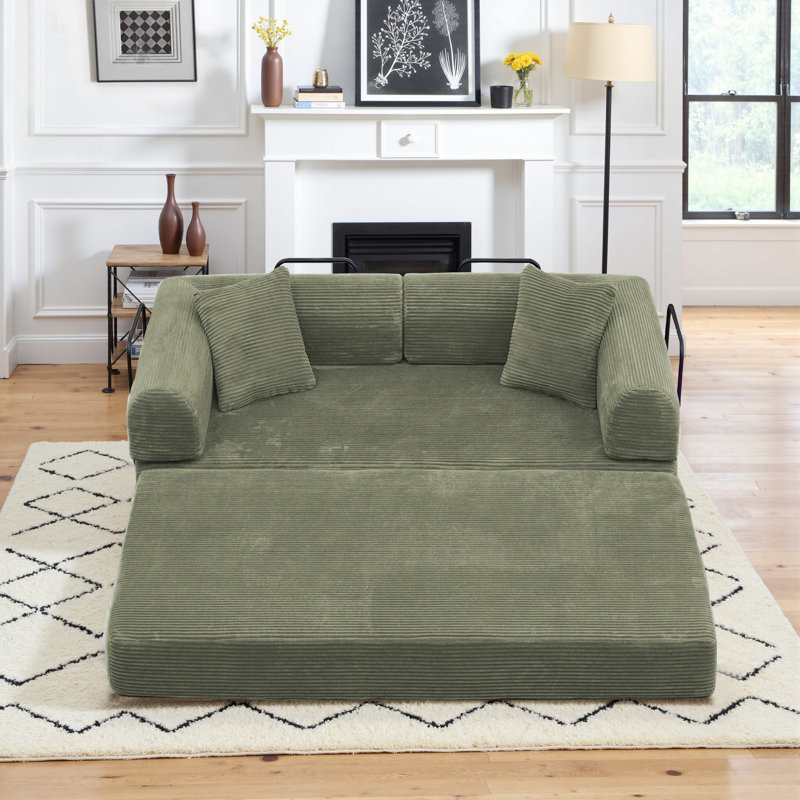63" Corduroy Sleeper Sofa Modular Sofa Bed Compression Foam Couch Bed With 2 Pillows - No Assembly Required, Light Green