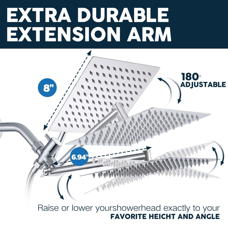 Shower Head, Rain Shower Head With Handheld Spray Combo And Adjustable Extension Arm, 3-Way Flow Regulator, High Pressure Rain Fall Hose