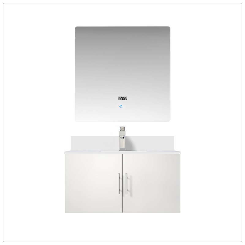 Meuble-lavabo polyvalent 36 po X P 22 po , Comptoir en quartz blanc, ensemble de robinets et Miroir à DEL, Blanc lustré