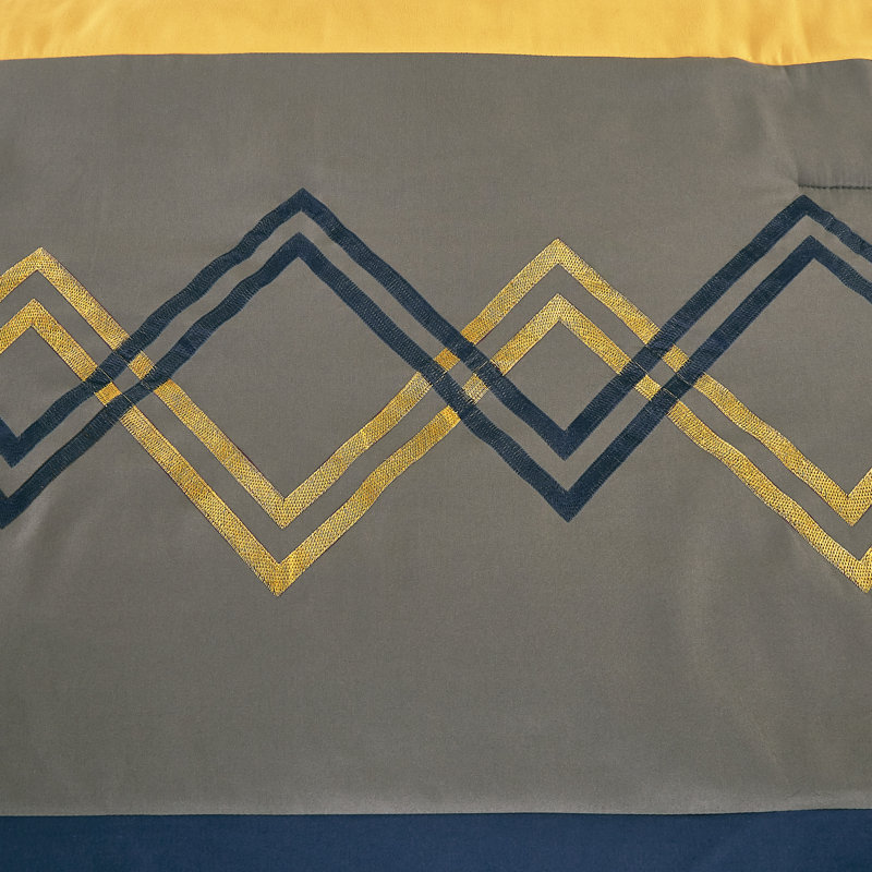 7-Piece Modern Pleated Stripe Embroidered Comforter Set with Sheets, Navy/Gray/Yellow, Queen Comforter + 6 Additional Pieces