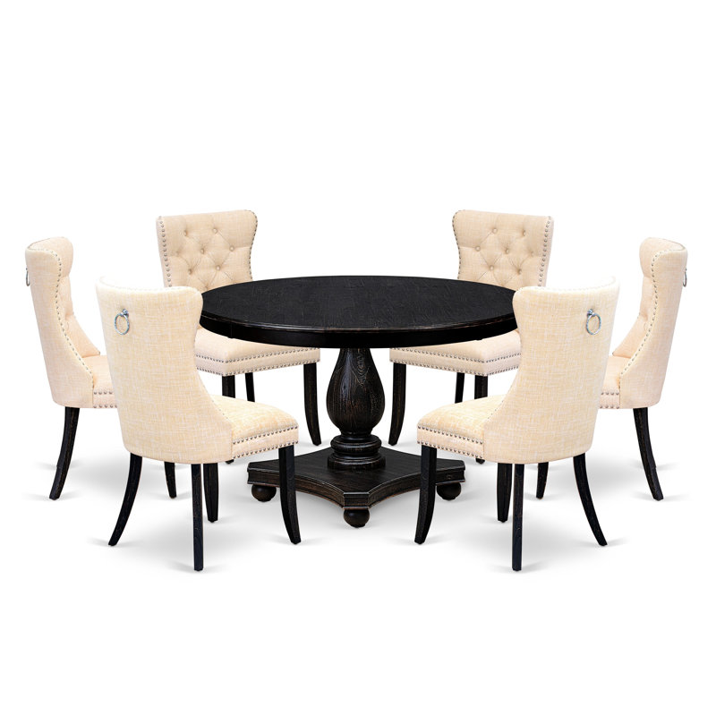 7-piece Dining Set included a wooden table and 6 Light Beige Polyester Fabric dining chairs with Button Tufted Back - Sand Blasted Black