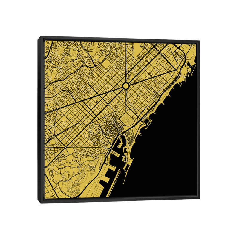 « barcelone », impression sur toile tendue, H 18 po x l 18 po x P 1,5 po, Toile avec cadre noir, Pas de tapis