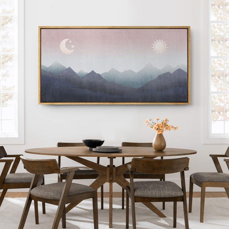 Sun Mountain Landscape Day Meets Night Sun Moon Mountains, impression sur toile encadrée simple, H 30 po x l 60 po, Naturel