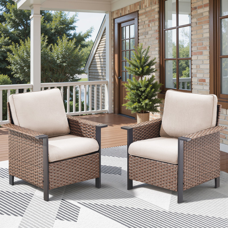 Coady All-Weather Wicker Outdoor Wide Armrest Lounge Chairs With Cushions (Set Of 2), Beige Cushion/Brown Frame