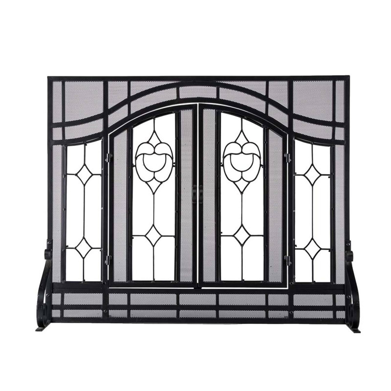 Black Steel Two-Door Fireplace Screen with Glass Panels