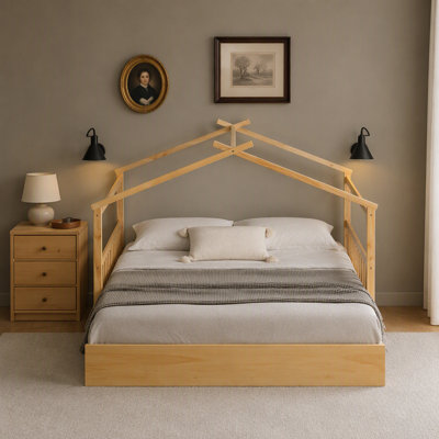 Full Size Wooden House Bed with Twin Size Trundle, A Creative and Functional Bed for Children's Dreamy Bedroom