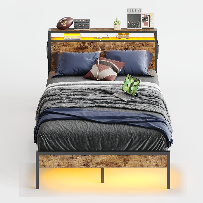 Full Size Metal Frame Bed with LED Storage Headboard