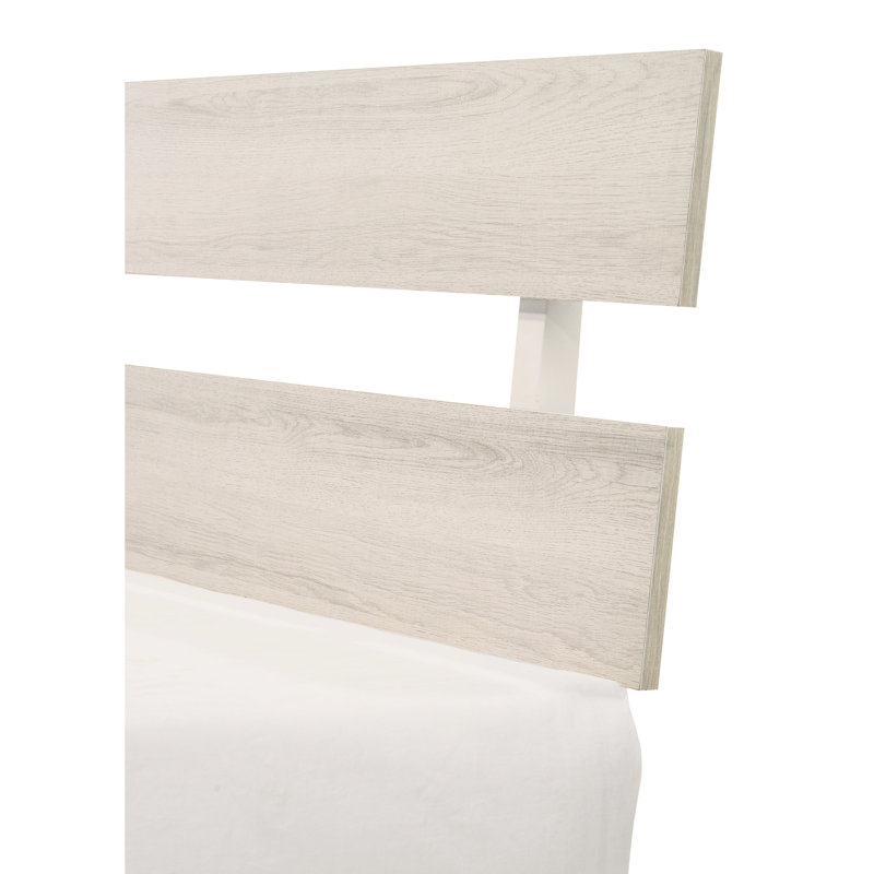 Lit plateforme simple blanc délavé, style contemporain, base de lit à profil bas, bois, finition rustique dans une boîte, placages de bois, idéal pour chambre de jeunes