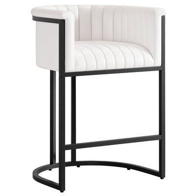 26" Counter Height Bar Stool Barrel Counter Stool With Backrest,Off White PU Leather Black Metal