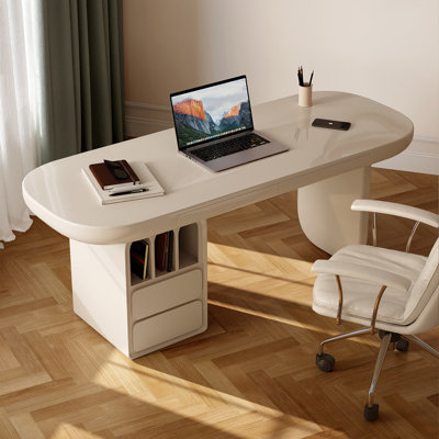 Modern Minimalist French Cream Style Luxury Office Desk with Curved Drawers & Matching Drawer Cabinet