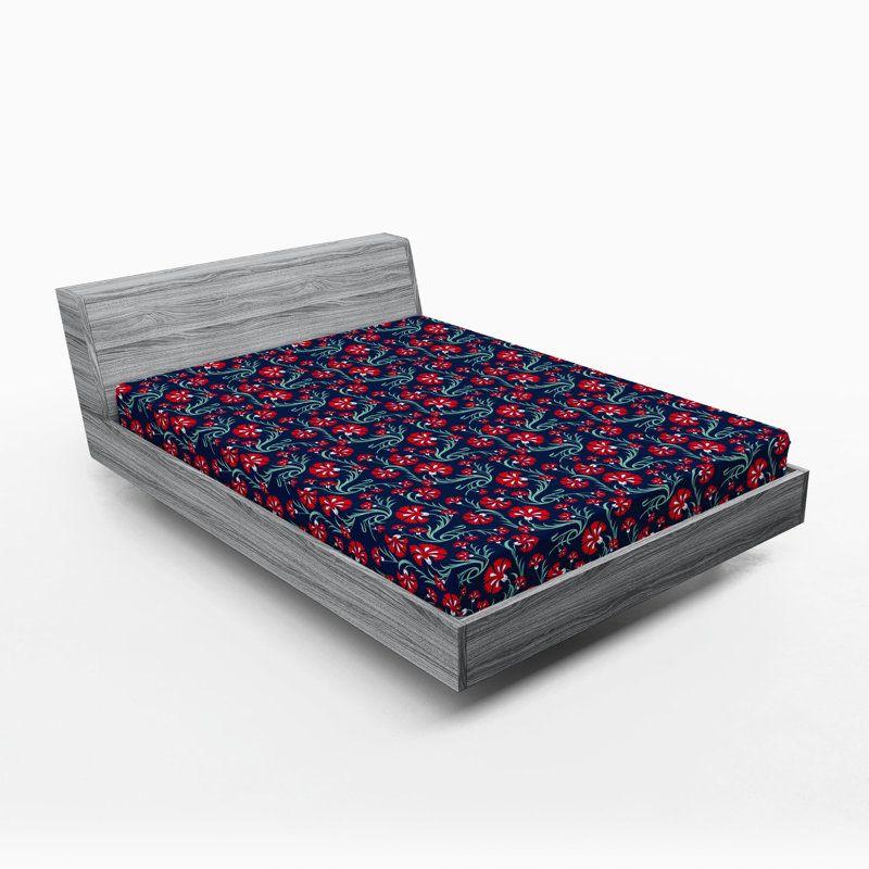 Drap-housse Ambesonne, Écarlate, blanc, indigo / floral, Drap-housse grand