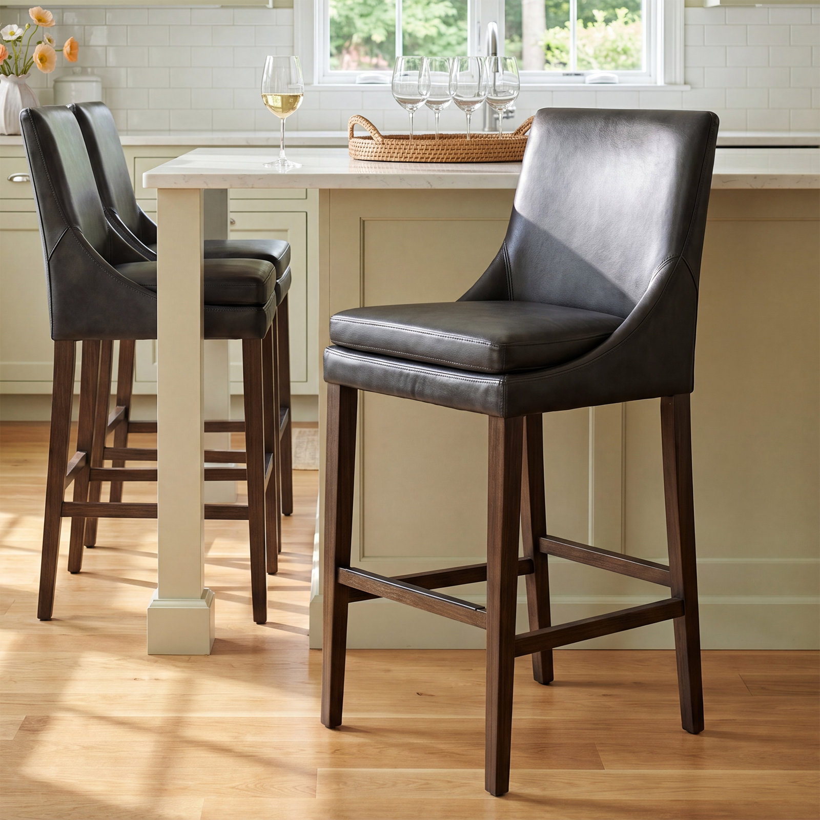 Niara Bar and Counter Stool, Bar Stool (30” Seat Height), Copley Slate Faux Leather/Brown