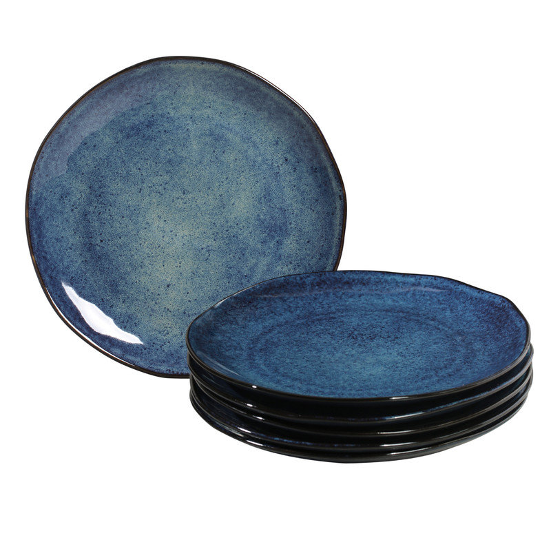 Handcrafted Blue Porcelain Round Dinner Plates, Set of 6