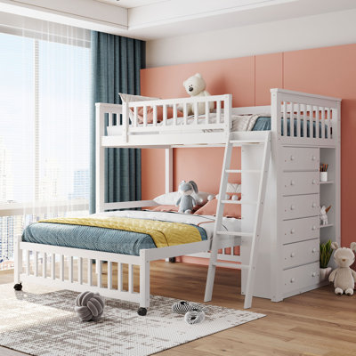 Lit superposé simple au-dessus d'un lit double en bois avec six tiroirs et tablettes flexibles, lit inférieur à roulettes, blanc