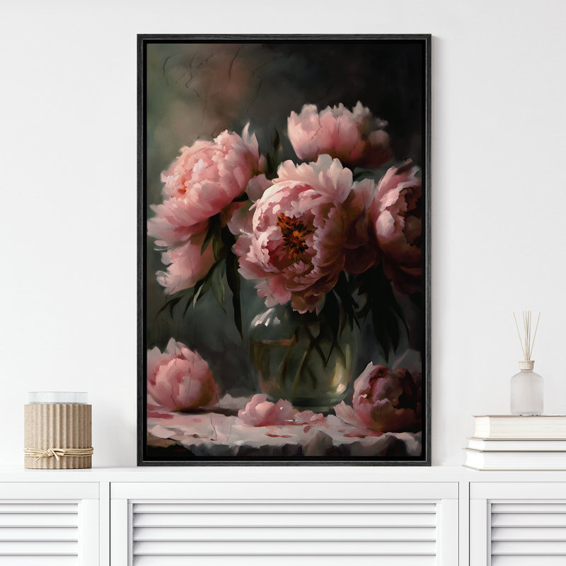 "Flower Blossom", aquarelle Moody, pivoines roses, impression sur toile encadrée, 2 pièces, Cadre flottant noir