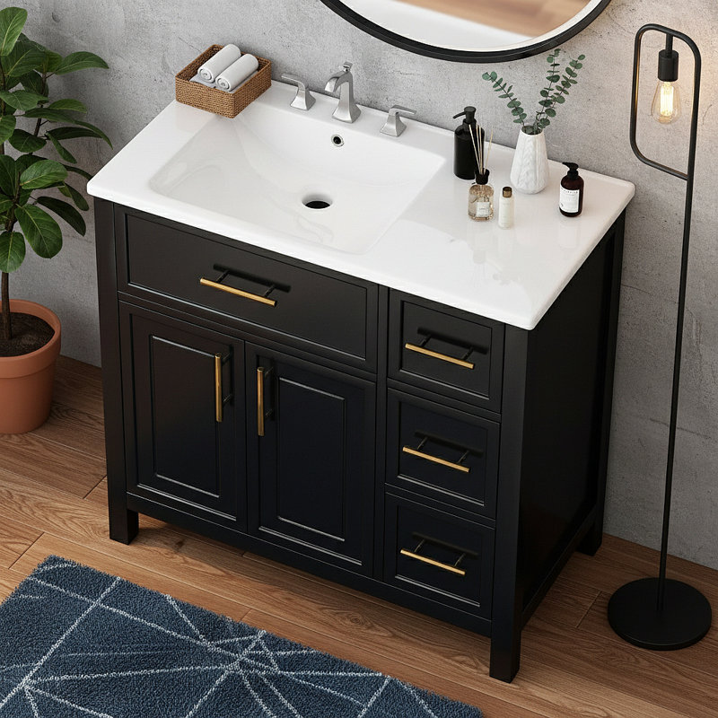 Meuble-lavabo 36 po avec comptoir d'évier, meuble-lavabo avec deux portes et trois tiroirs, bois massif, panneaux de fibres à densité moyenne