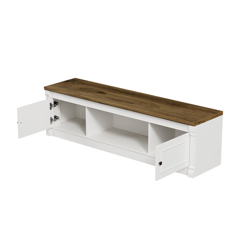 Banc de rangement pour chaussures 63 po avec 2 armoires et casier ouvert, blanc et brun