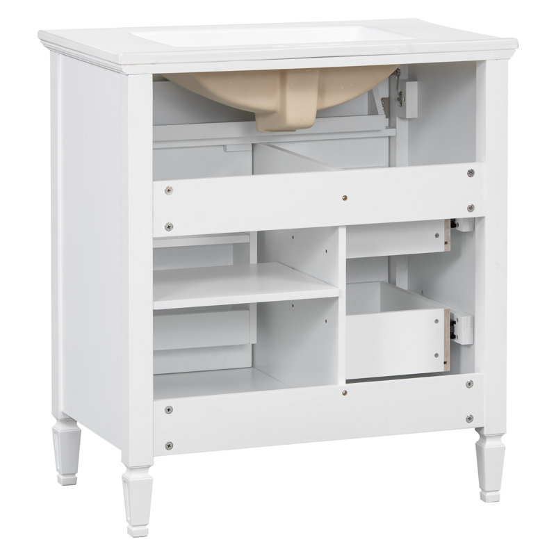 Meuble-lavabo simple de 30 po avec lavabo en céramique, armoire de rangement avec cadre en bois massif, 1 tiroir rabattable et 2 tiroirs latéraux