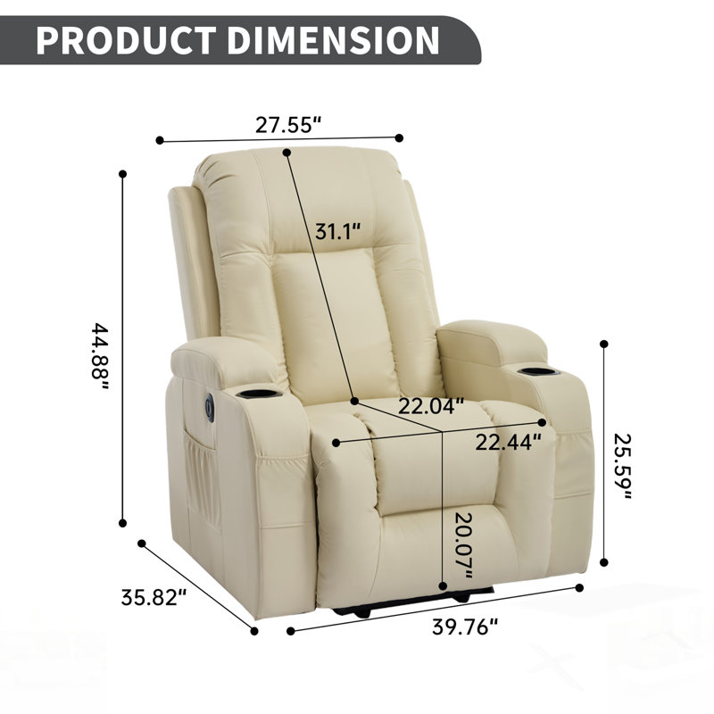 Fauteuil inclinable en polyuréthane PU à position infinie, capacité de 350 lb, massage par vibration à 8 points, chauffage lombaire, port USB et porte-gobelets pour personnes âgées