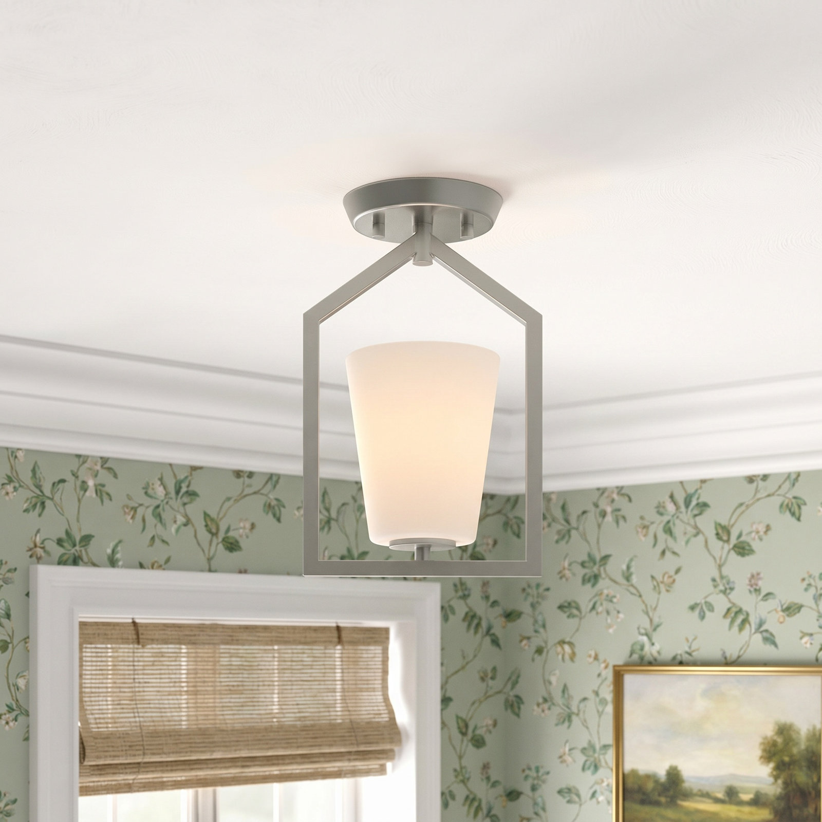 Single Light Glass Semi Flush Mount, Brushed Nickel
