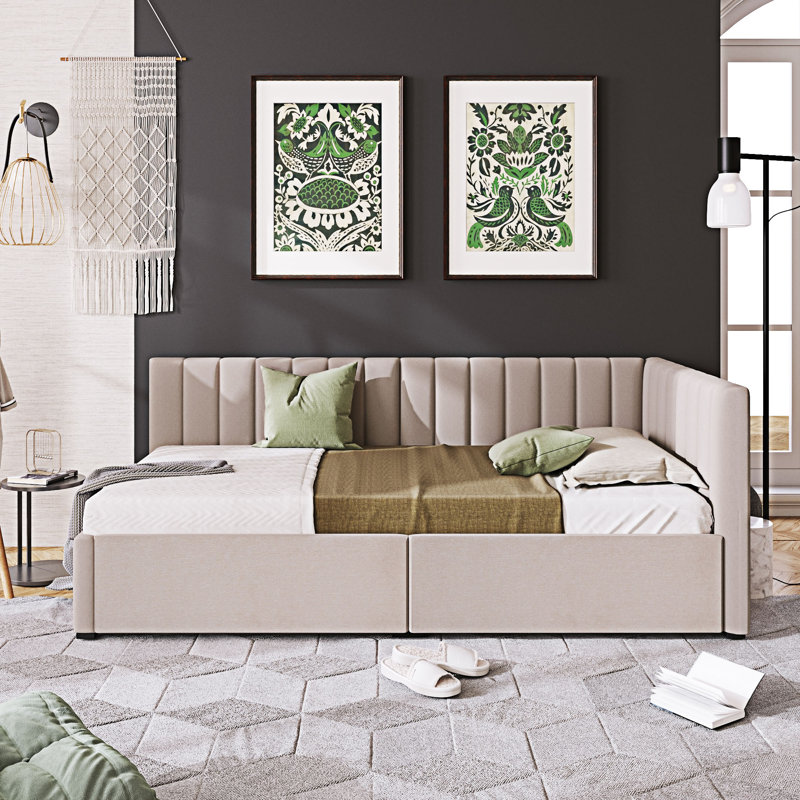 Lit de jour rembourré avec tiroirs de rangement, Beige
